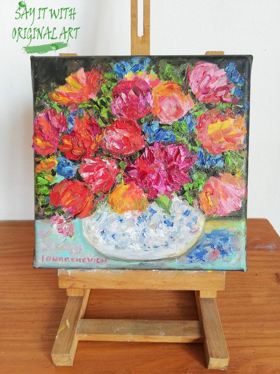 Garden Flowers in Vase | Small Oil Painting on Canvas Stretching 8x8 in (20x20cm)