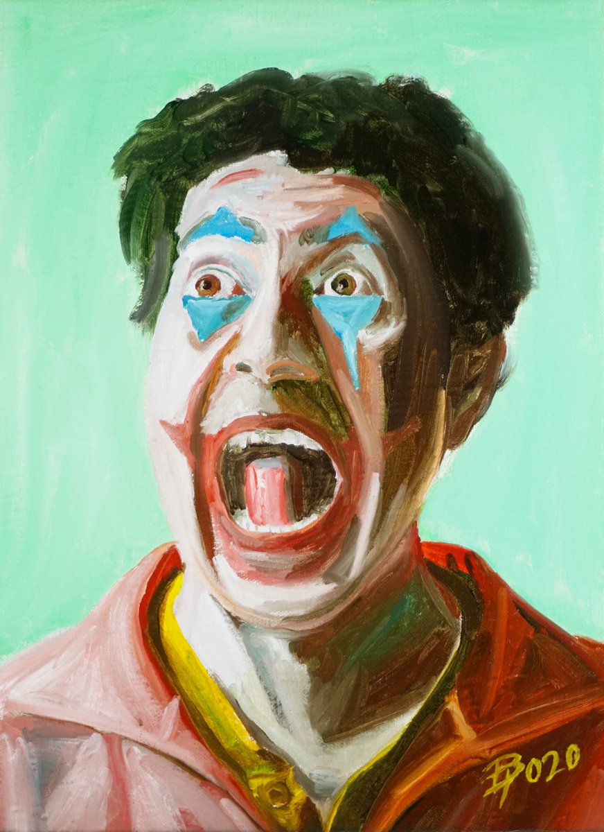 Expressive Portrait Oil Painting By Paolo Borile, 11 X 15", Self Portrait As A Joker, Original Artwork