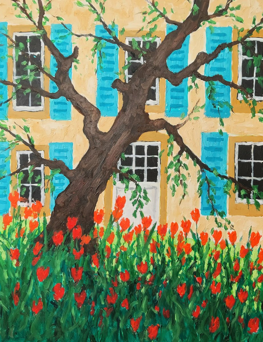 Botanical Oil Painting By Colin Ross Jack, 20 X 26, House With Blue Shutters, Original Artwork