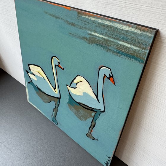Original Small Painting Blue "2 Swans"