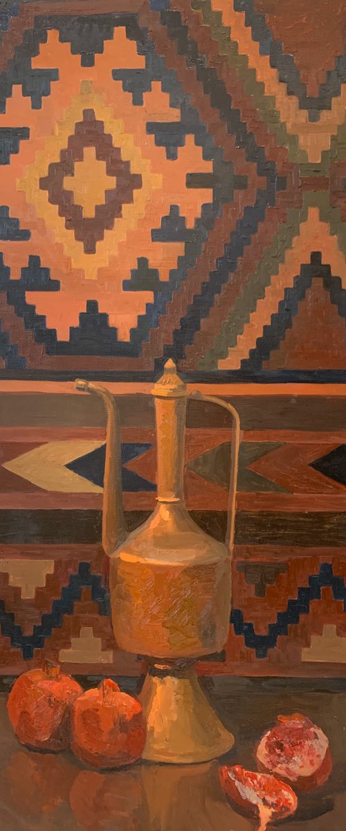 Oriental carpet, kumgan and pomegranates by Nataliya Lemesheva