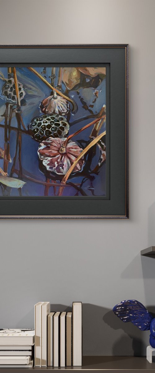 Lotus pond.Winter.Oil painting by Guzel Min