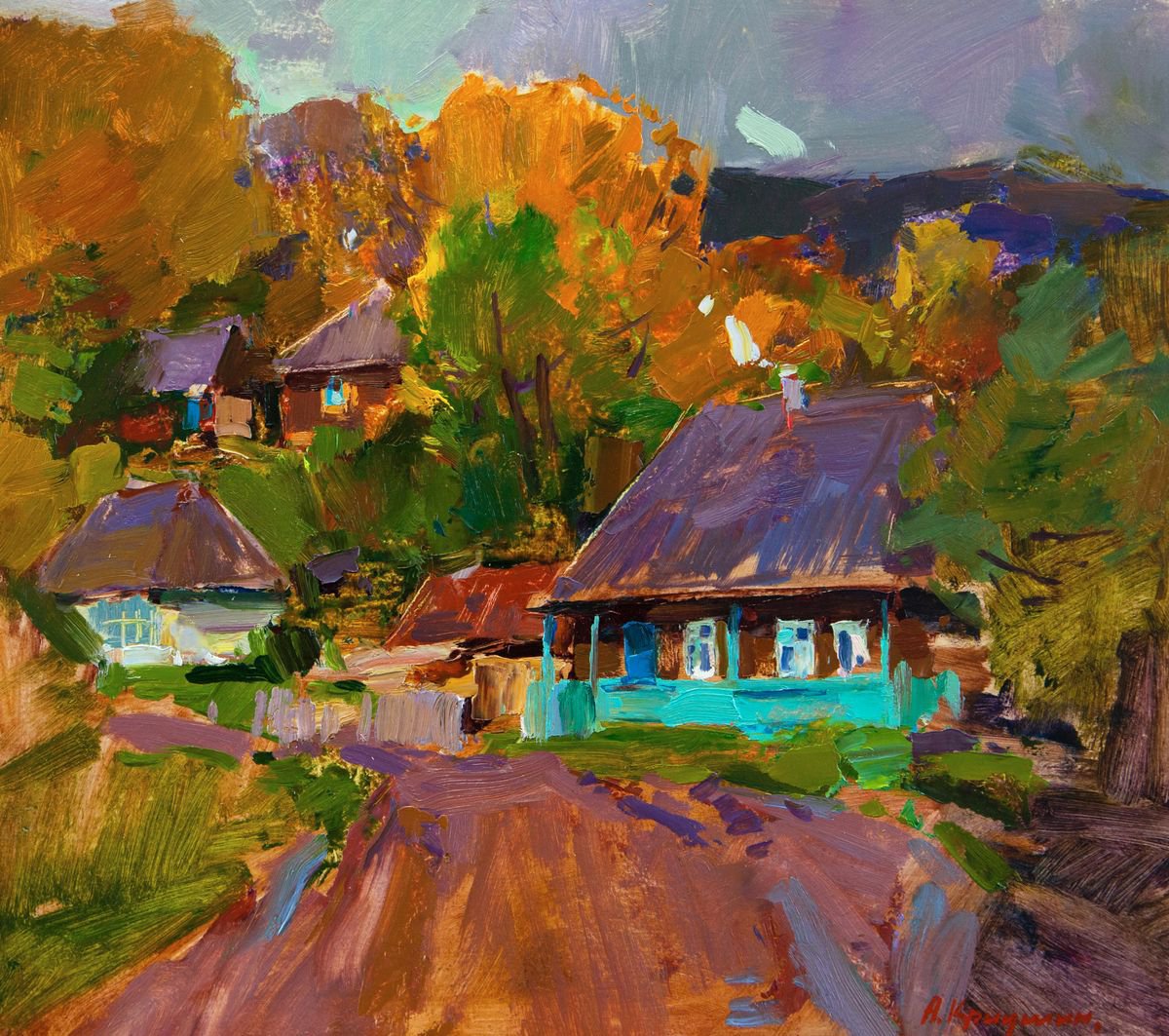Impressionistic Landscape Oil Painting By Aleksandr Kryushyn, 18 X 16, After The Rain. October In The Village, Original Artwork