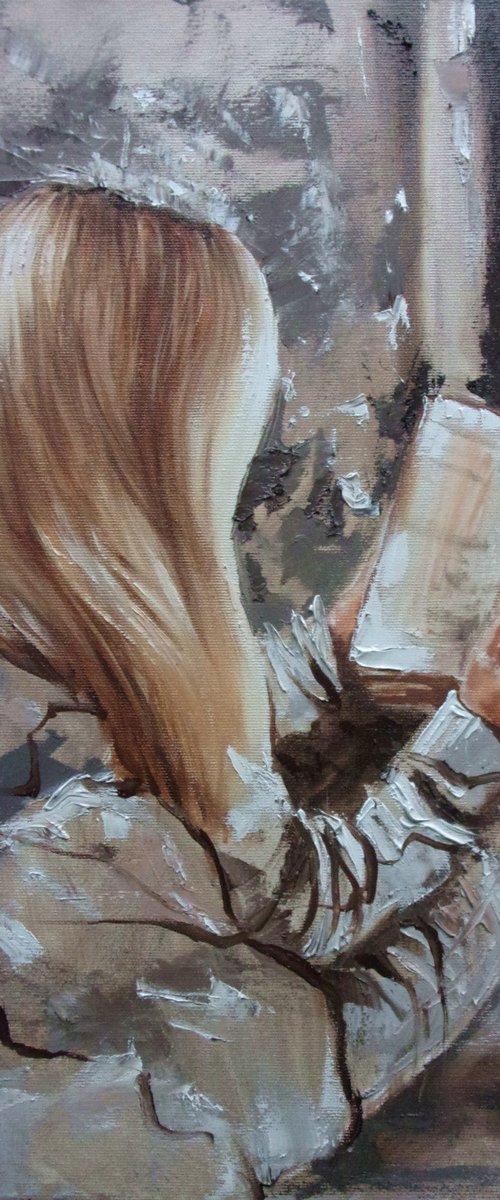 " STORY ...  " book lover original painting window WINTER palette knife GIFT brown by Monika Luniak