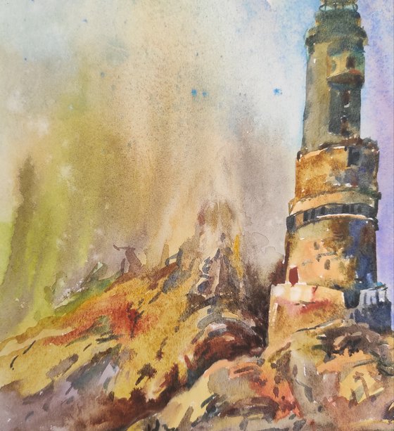 Lighthouse and cliffs - watercolor, original artwork