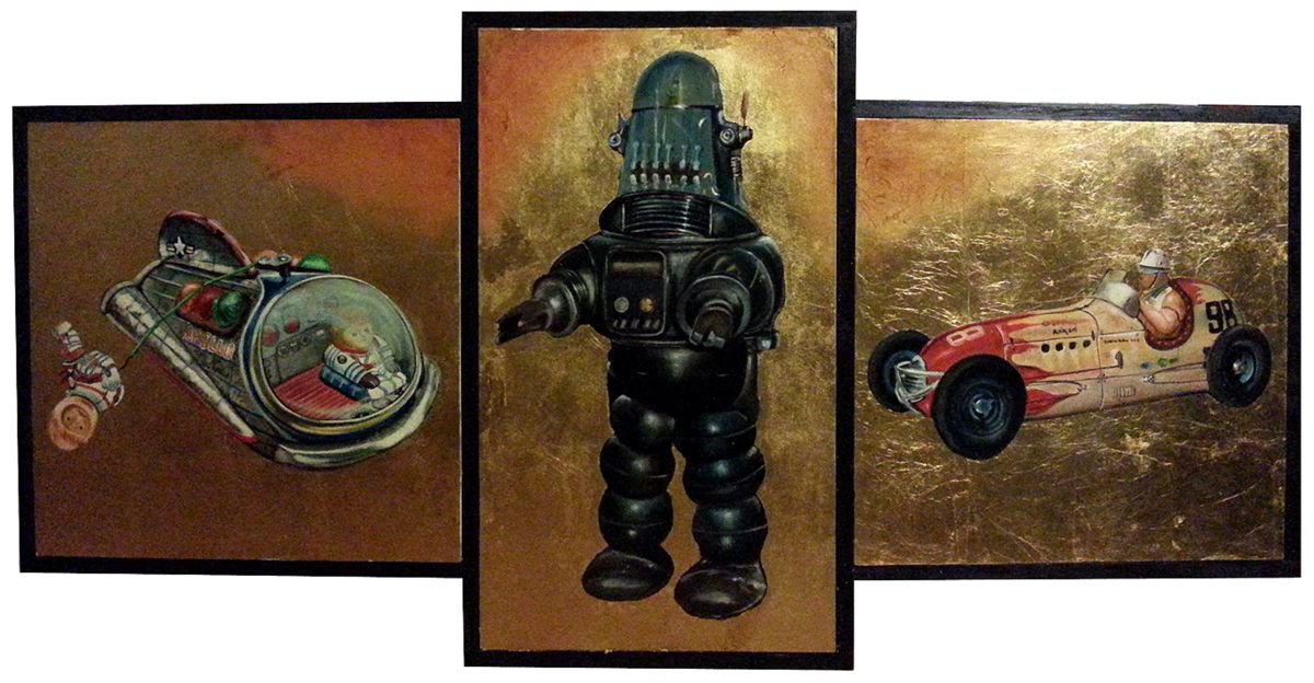 Triptych of the tin toys by Alessandro Iberti