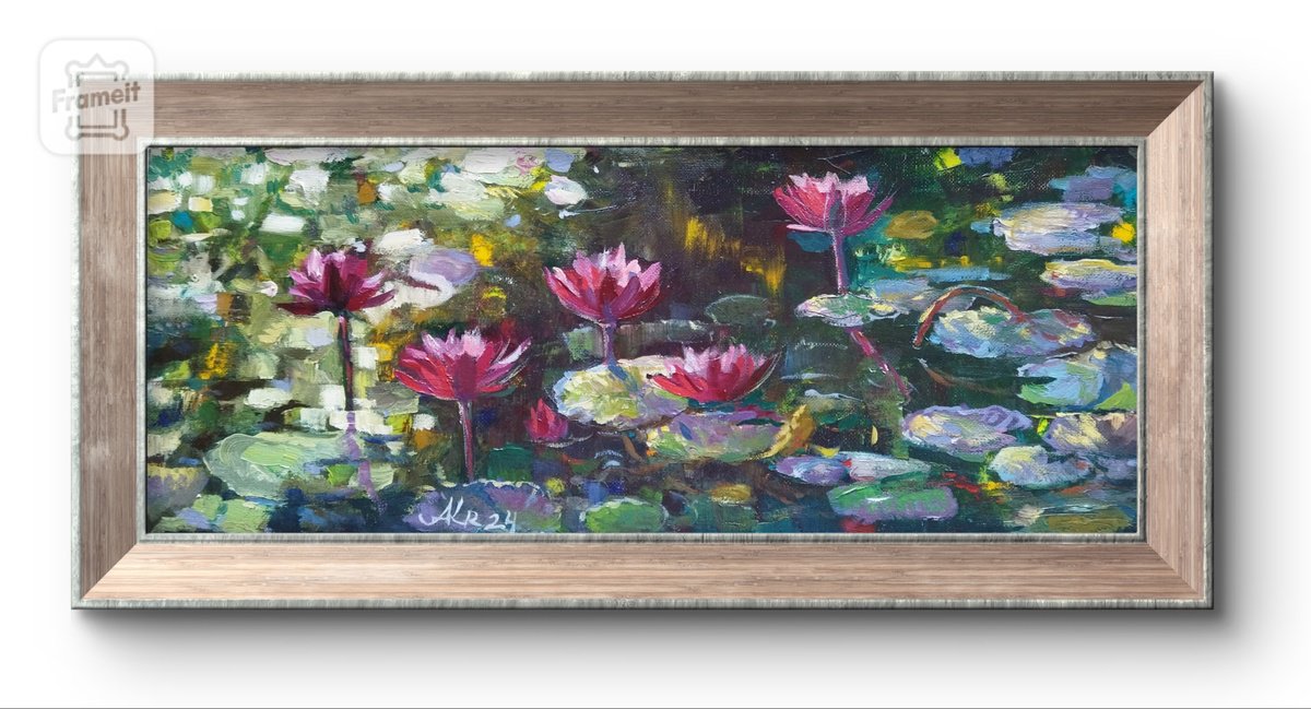 Impressionistic Landscape Oil Painting By Ann Krasikova, 18 X 7, Water Lilies, Original Artwork
