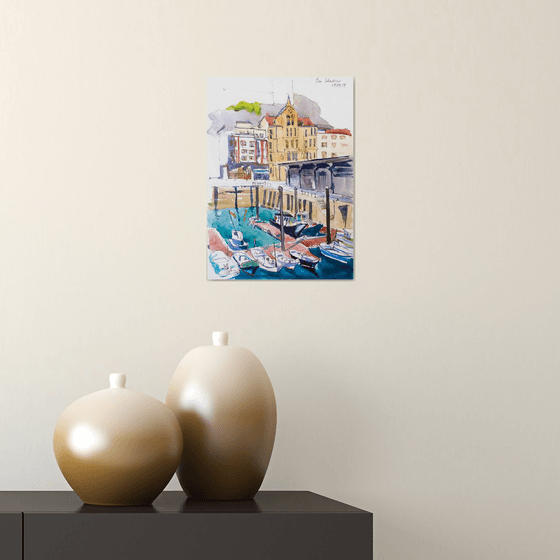 San Sebastian. Live street sketch in the harbour. URBAN WATERCOLOR LANDSCAPE STUDY ARTWORK SMALL CITY LANDSCAPE SPAIN GIFT IDEA INTERIOR