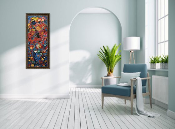BOUQUET - Still life with flowers, original painting, oil on canvas, long, red blue, interior art home decor, redy to hang, 100x40