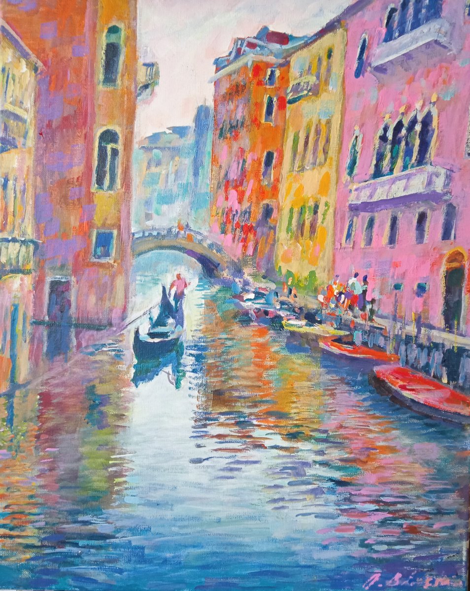 Impressionistic Cityscapes Acrylic Painting By Oleksandr Bielskyi, 16 X 20", Venice Morning, Original Artwork