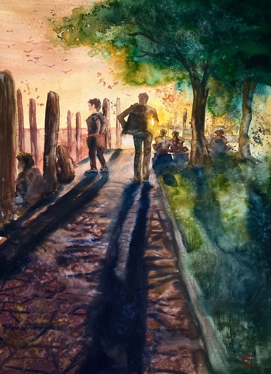 Impressionistic Landscape Watercolour By Valeria Golovenkina, 22 X 30", Sunset In Burano, Original Artwork