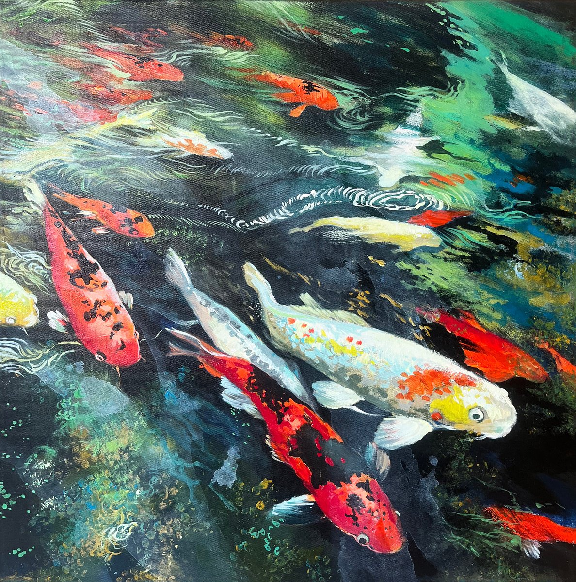 Impressionistic Animal Acrylic Painting By Maria Kireev, 24 X 24", Golden Harmony Beneath, Original Artwork