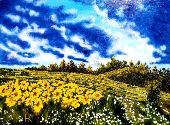 Ukraine Painting Landscape Original Art Sunflower Field Small Oil Artwork Home Wall Art 16 by 12" by Halyna Kirichenko