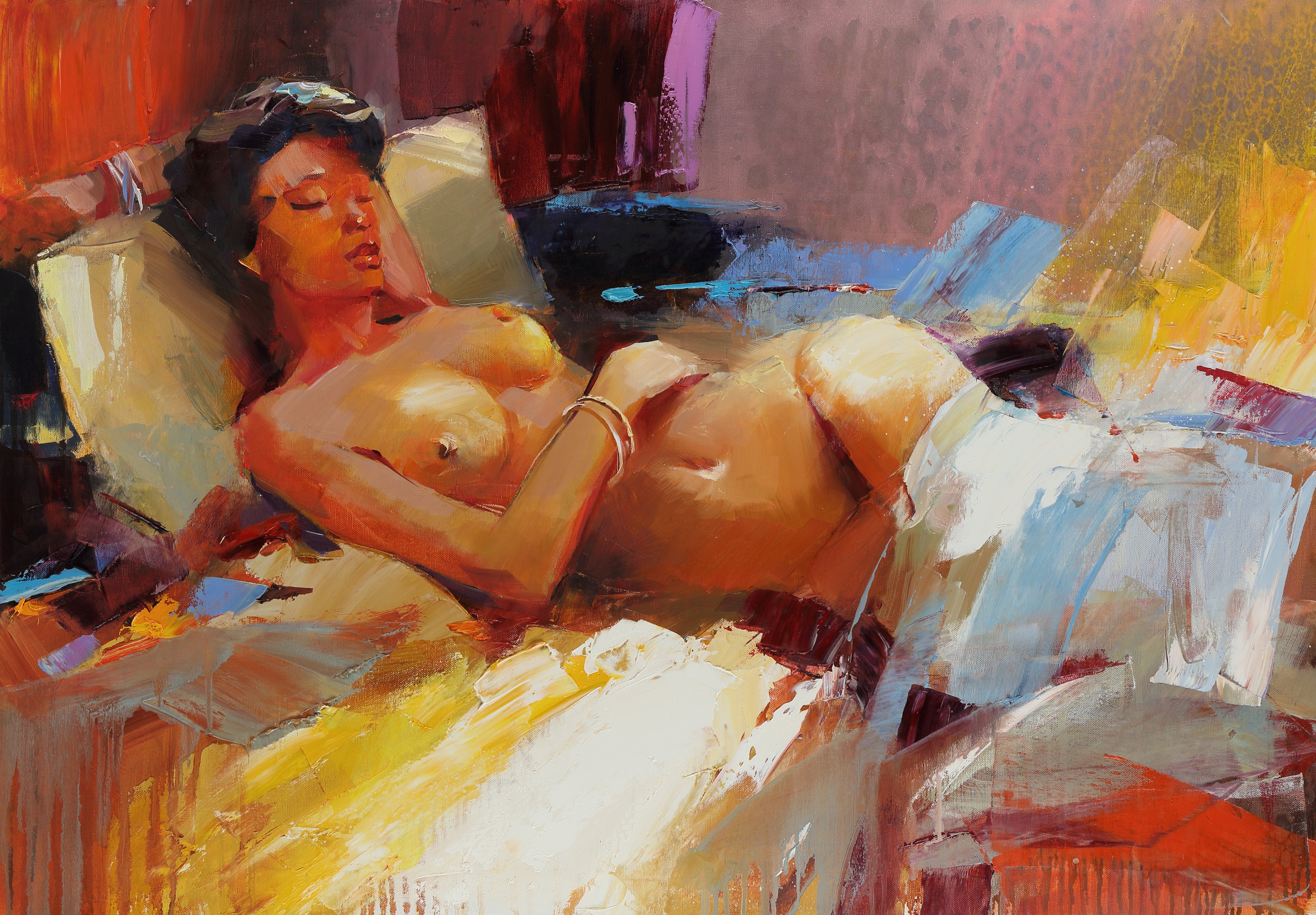 Impressionistic Portrait Oil Painting By Tetiana Bond, 39 X 28", La Vita i? Bella, Original Artwork