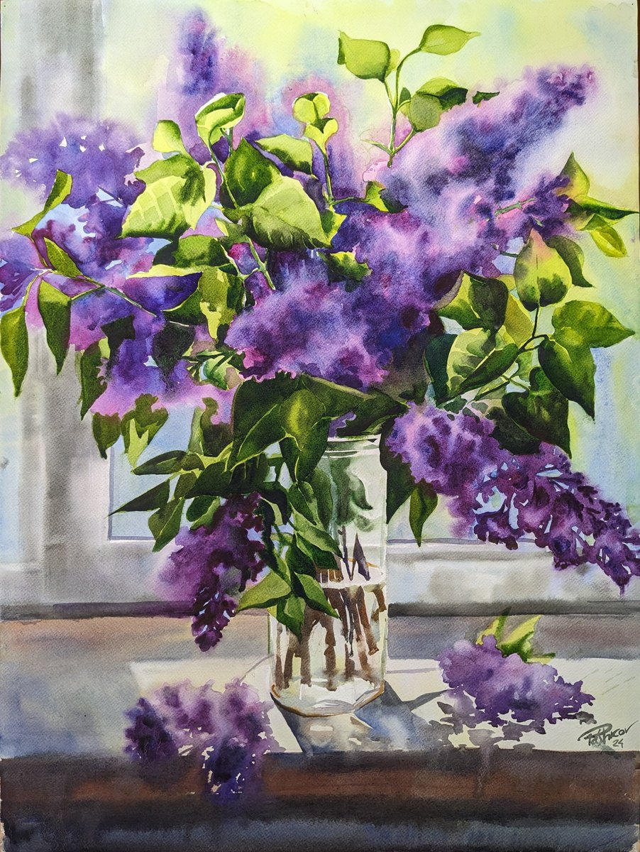 Impressionistic Botanical Watercolour By Yurii Pashkov, 22 X 30", Lilac Bouquet#4, Original Artwork