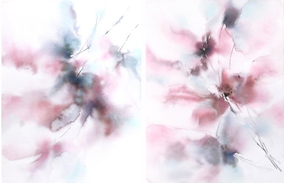 Floral diptych with soft pink and blue abstract flowers