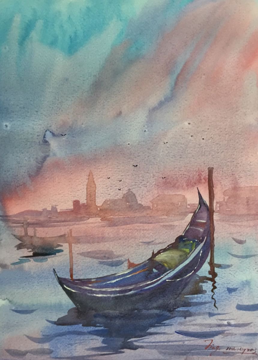 Impressionistic Landscape Watercolour By Jing Chen, 11 X 15, Venice At Dusk, Original Artwork