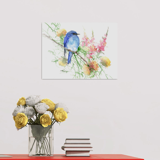 Mountain Bluebird and Flowers