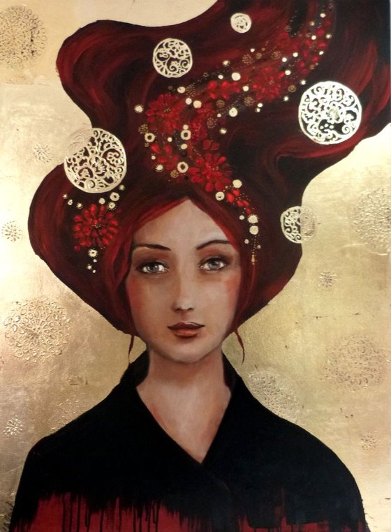 Woman portrait with red hairs "Traveling thoughts" 60x81cm