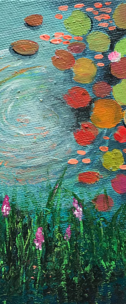 Water lily pond with ripples -2 !! Small Painting !! Mini Painting !! by Amita Dand