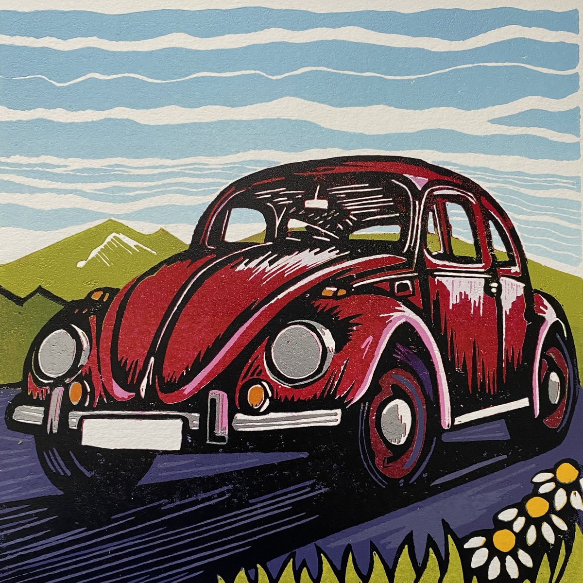 Impressionistic Transport Linocut By Joanne Spencer, 8 X 8, Beetle, Original Artwork