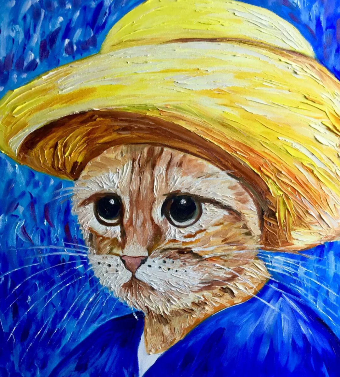Impressionistic Animal Oil Painting By Olga Koval, 18 X 20", Cat La Van Gogh, Original Artwork