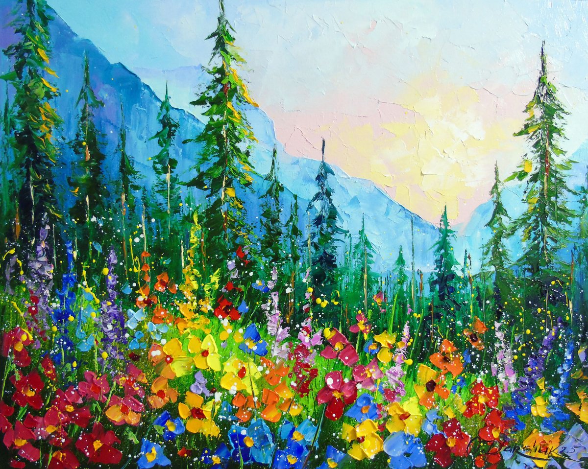 Impressionistic Landscape Oil Painting By Olha Darchuk, 20 X 16", Alpine Meadow,, Original Artwork