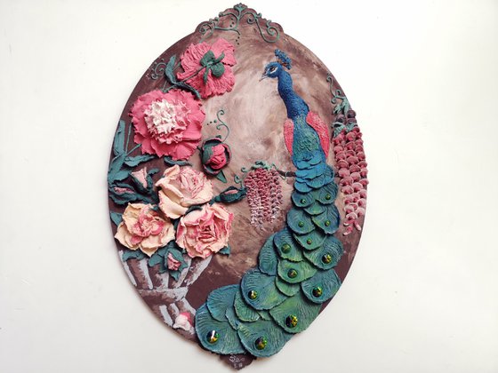 A peacock in flowers - bird, roses in a vase, pionies, wisteria, 30x42x4 cm
