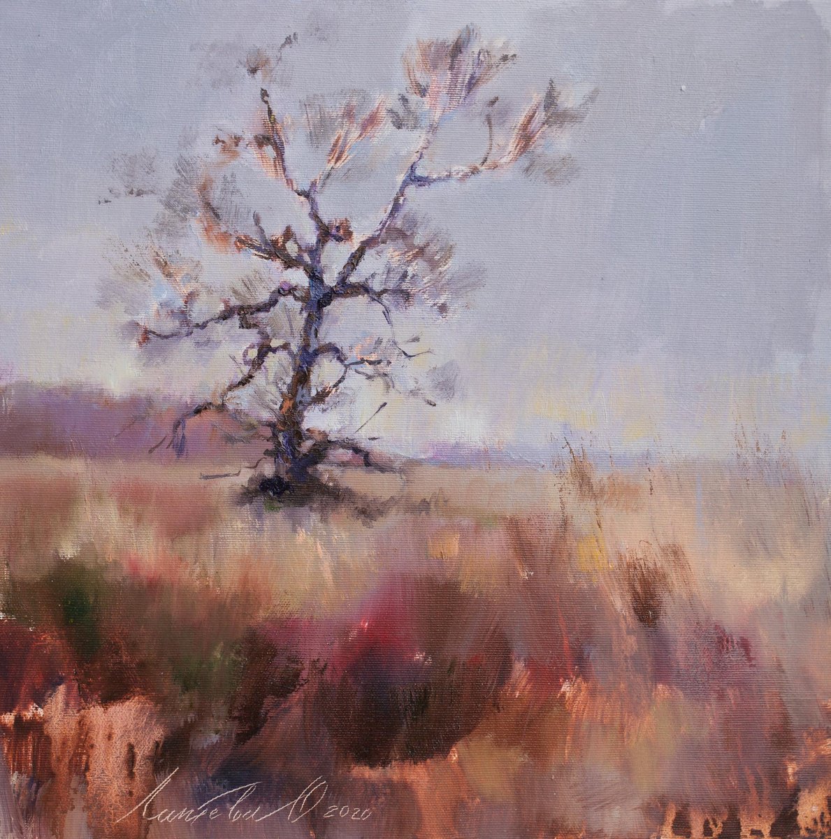 Impressionistic Botanical Oil Painting By Olha Laptieva, 16 X 16", Lonely Tree, Original Artwork