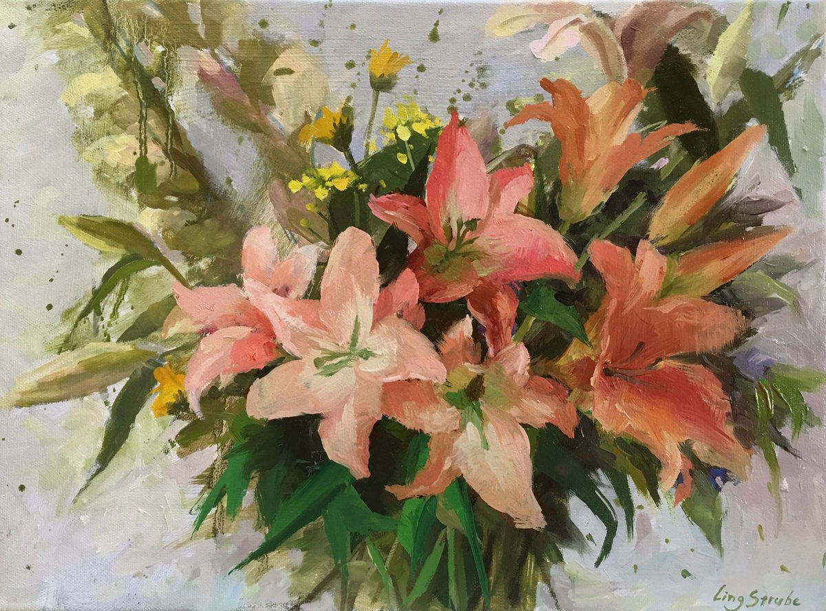 Impressionistic Botanical Oil Painting By Ling Strube, 16 X 12", Lilies Bouquet, Original Artwork