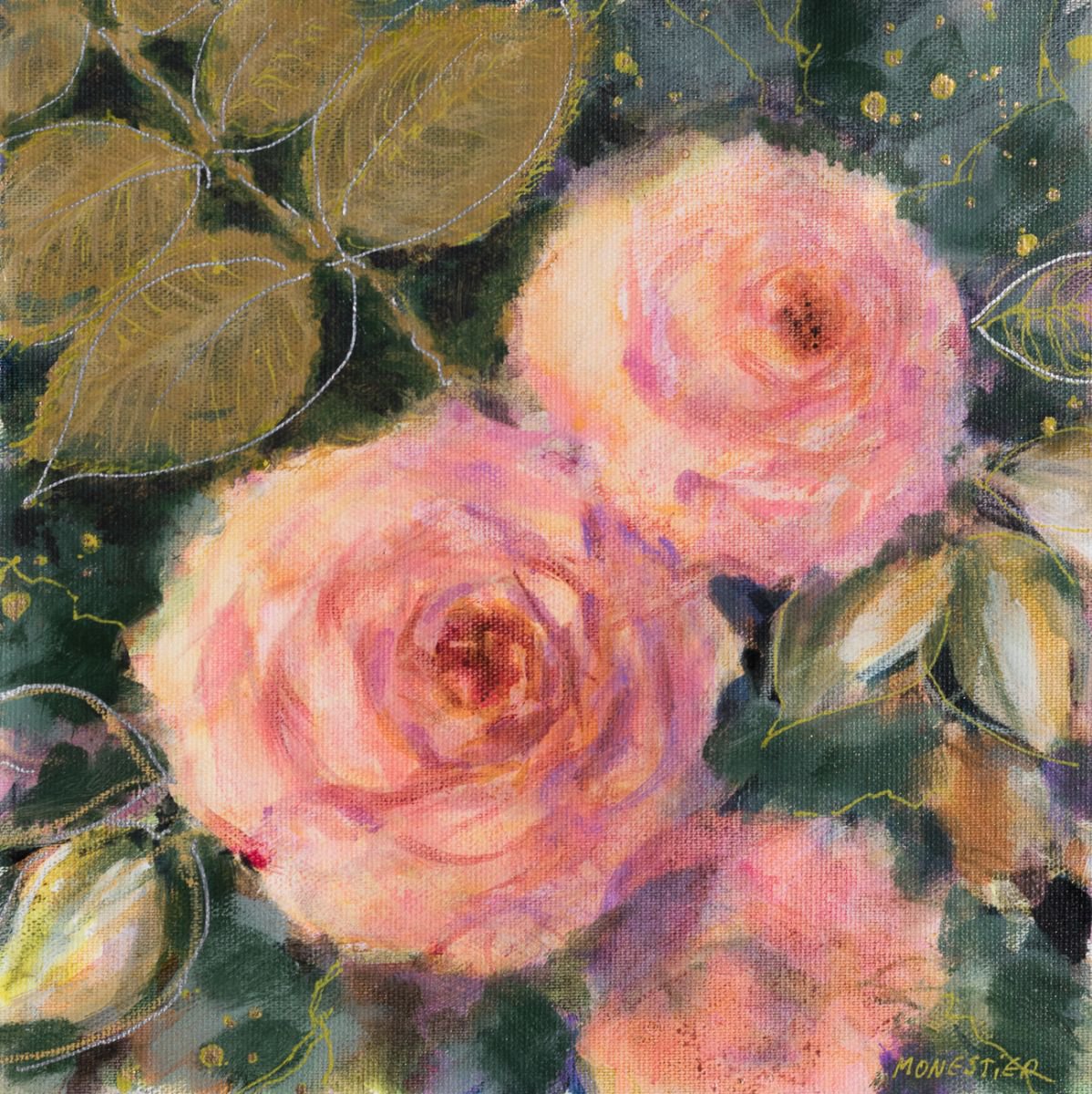 Impressionistic Botanical Painting By Fabienne Monestier, 10 X 10, Romantic Roses, Original Artwork