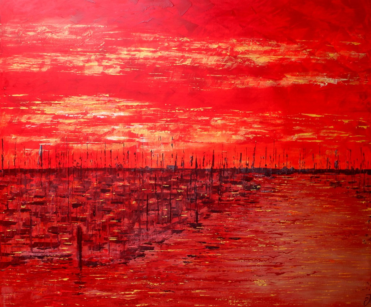 Impressionistic Landscape Painting By Paul J Best, 47 X 39", Lymington Harbour Sunset., Original Artwork
