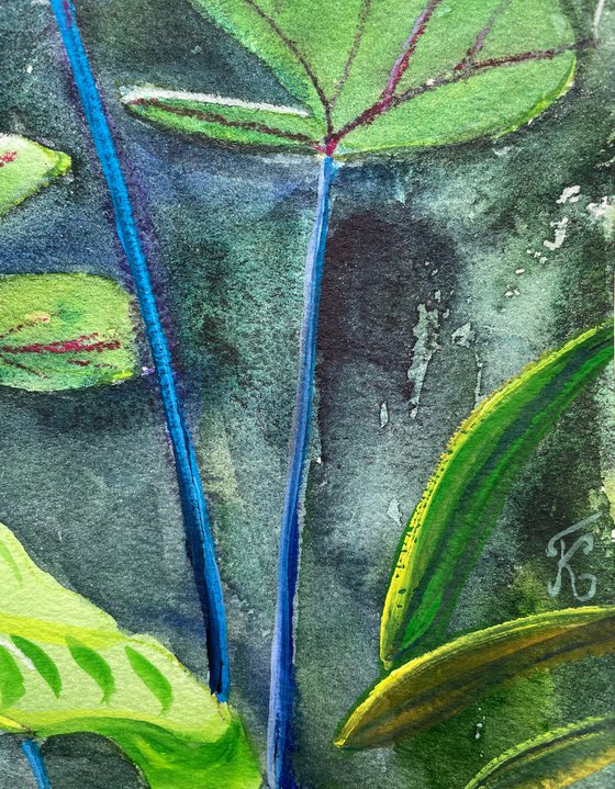 Botanical Original Watercolor Painting, Garden Plants Mixed Media Artwork, Greenery Wall Art