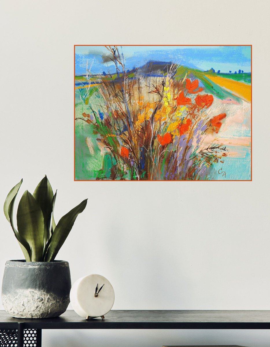 Impressionistic Landscape Oil Painting By Victoria Cozmolici, 26 X 20", Wildflowers, Original Artwork