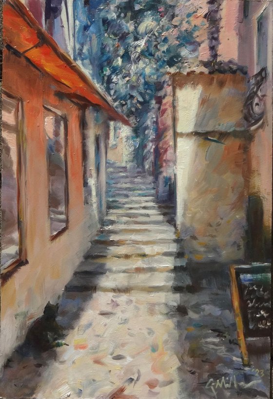 Sunny Steps. One-of-a-Kind Oil Painting on Board. Unframed.