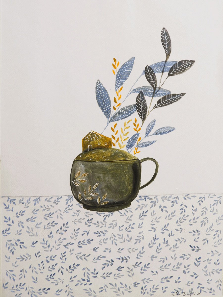 Illustrative Botanical Painting By Silvia Beneforti, 12 X 17", A World Inside A Cup, Original Artwork
