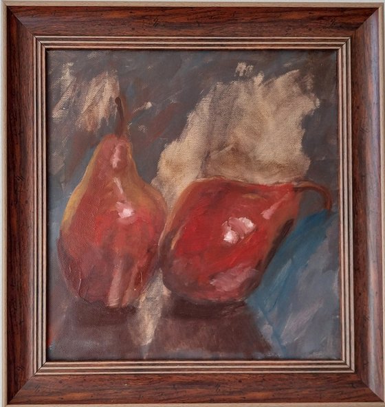 Red pears on blue