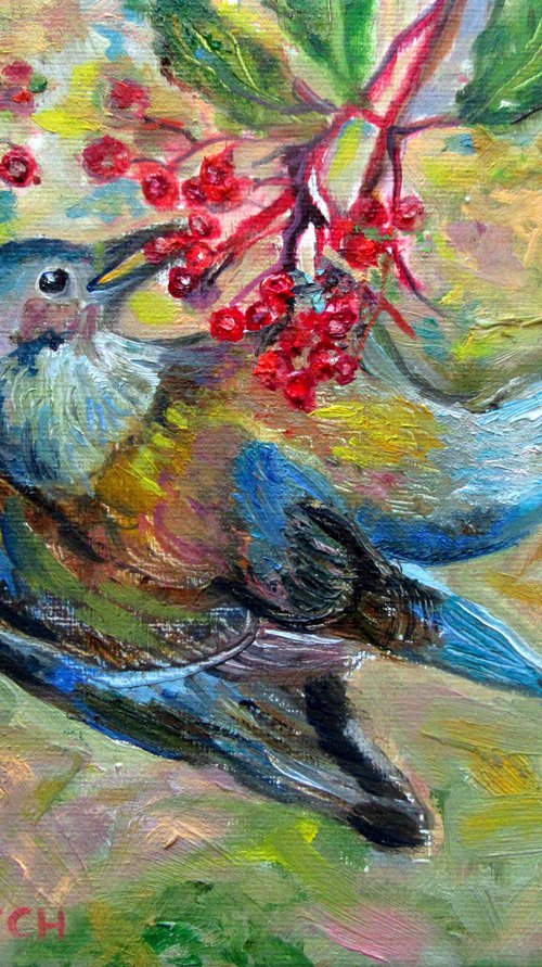 Fairy Bird Painting 6x8in Oil,Tiny Animal Wildlife,Shelf Table Nursery Decor,Small Pocket Bird,Blue Yellow Custom Miniature,Love Art Gift by Katia Ricci