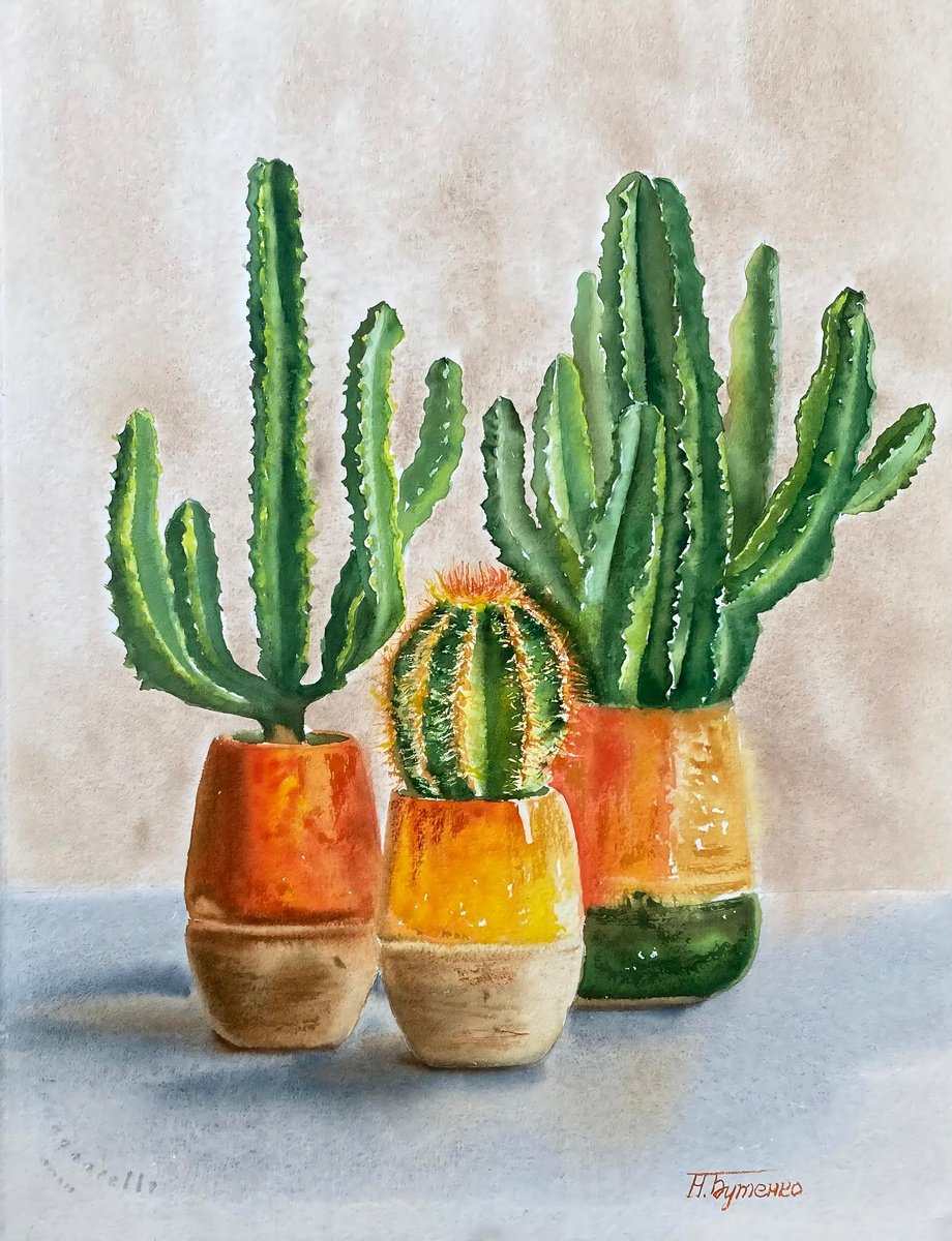 Illustrative Still Life Watercolour By Natalia Butenko, 11 X 15", Three Prickly Friends, Original Artwork