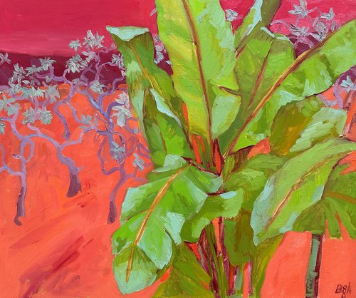 Red landscape with banana tree by Anna Bogushevskaya