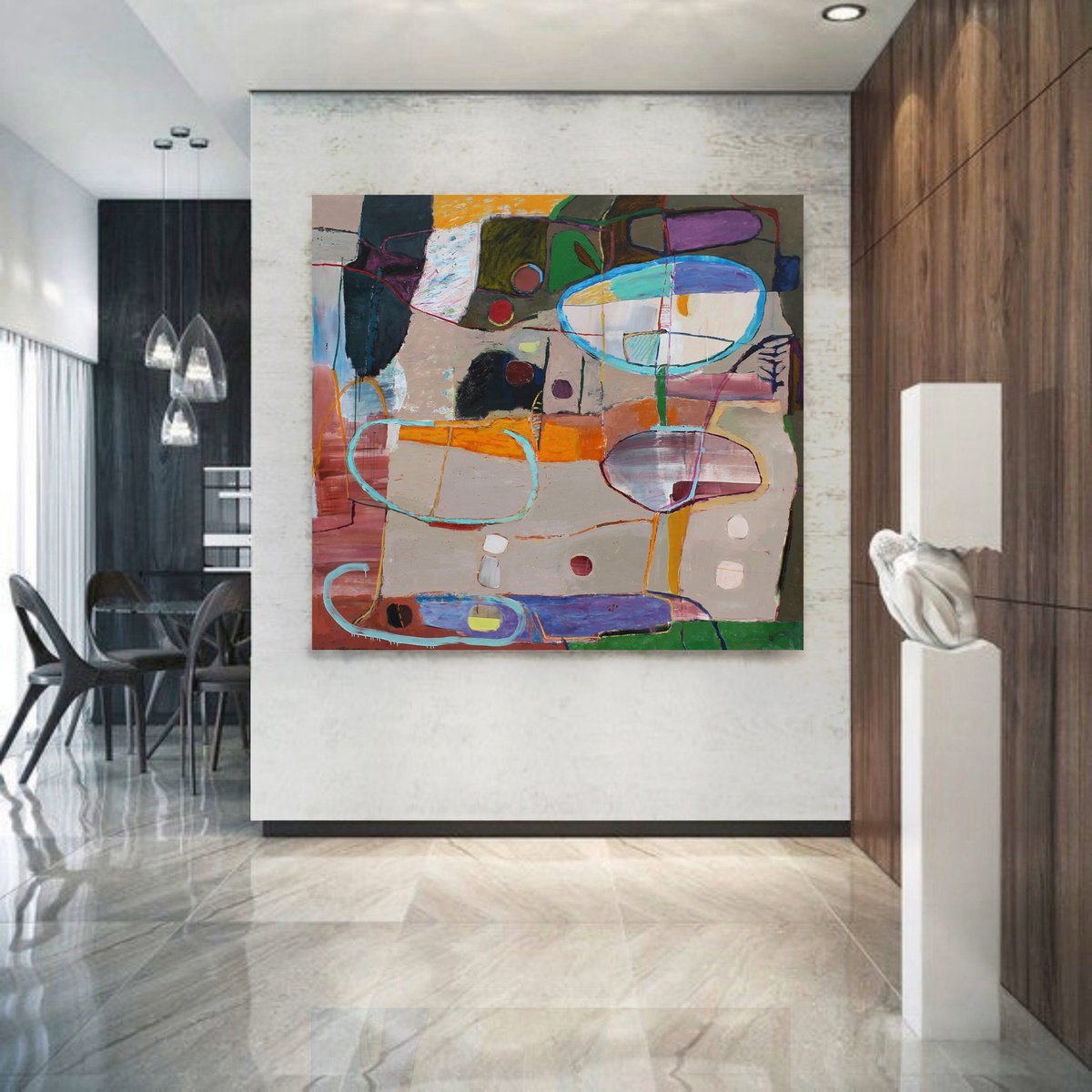 Expressive Abstract Oil Painting By Sergiy Dekalyuk, 81 X 76", Evening Walk, Original Artwork