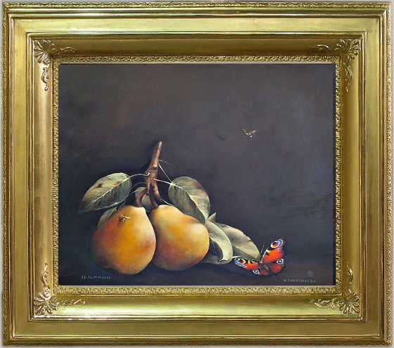Still Life  Pears Butterfly  Bees  Dutch Still Life Painting Old Style