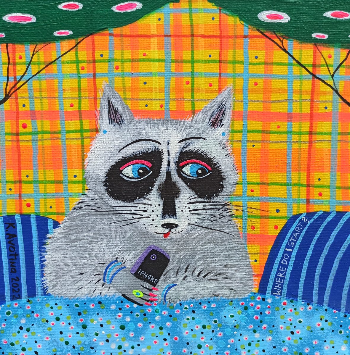 Impressionistic Animal Acrylic Painting By Katrina Avotina, 8 X 8", Where Do I Start?, Original Artwork