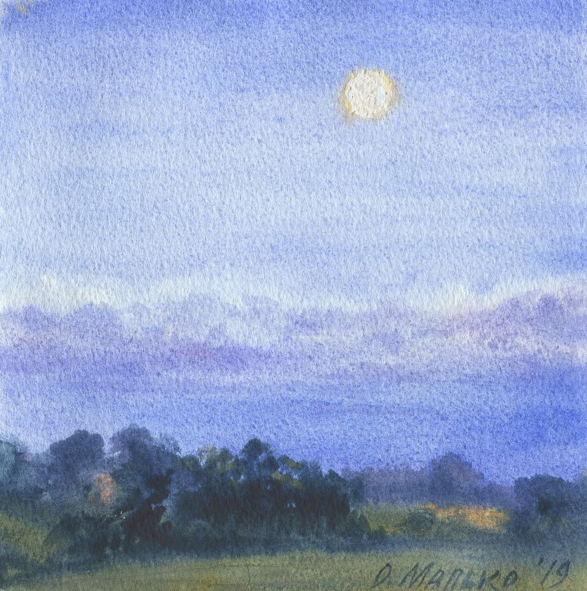 Moon clouds / Night sky Watercolor landscape by Olha Malko