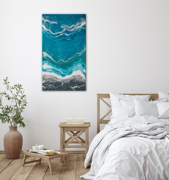 Turquoise waves - original seascape resin artwork with real blue shell