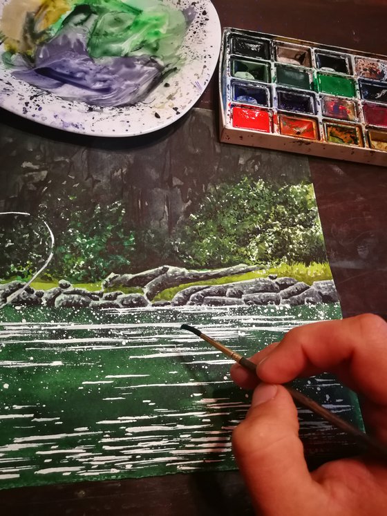 "Fishing on a mountain river" 2021 Watercolor 25x70