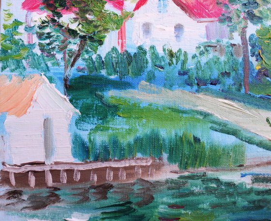 Pond in the village Plein air painting