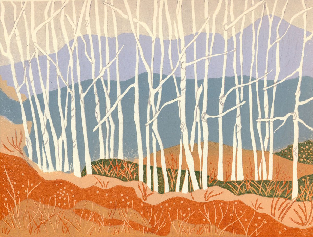 Landscape Linocut By Kate Goetz, 13 X 11", Autumn Aspens, Original Artwork