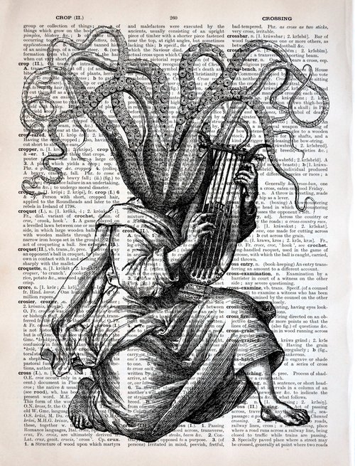 Octopus Musician - Collage Art Print on Large Real English Dictionary Vintage Book Page by Jakub DK - JAKUB D KRZEWNIAK