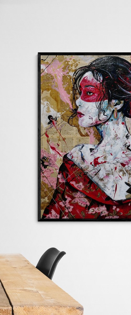 Cherry Yua 140cm x 100cm Geisha Textured Abstract Realism Art by Franko